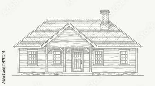 Detailed line drawing of a traditional single-story house with a front porch, gable roof, and chimney, showcasing architectural design.