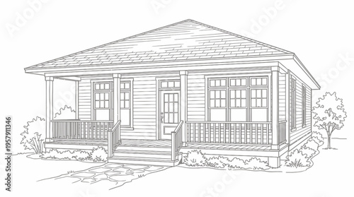 Detailed line drawing of a charming single-story house with a welcoming front porch and traditional architectural elements.
