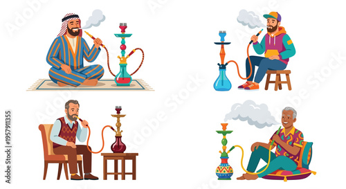 Four cartoon illustrations depicting men smoking flavored hookahs