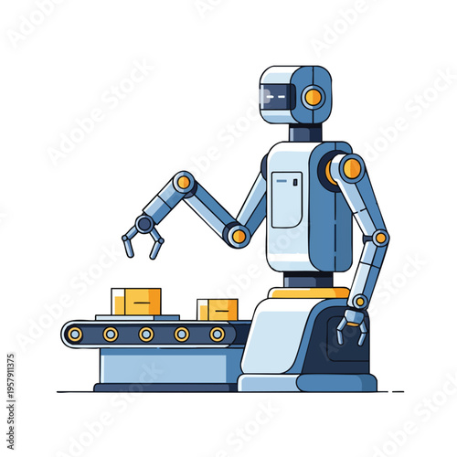 Blue robot arm on conveyor belt with yellow boxes