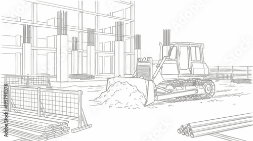 Line drawing of a bulldozer working on a construction site with partially built structures and various building materials.