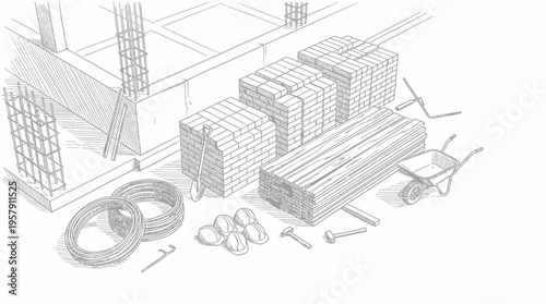 An illustration depicting various construction materials and tools, including bricks, timber, rebar, wire, and a wheelbarrow, set against a partially built structure.