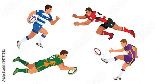 Rugby players in action running tackling and attempting to score a try