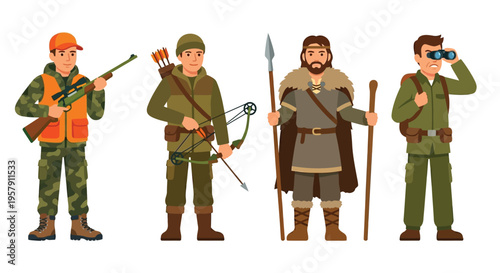 Four cartoon men representing hunters and historical warriors stand together