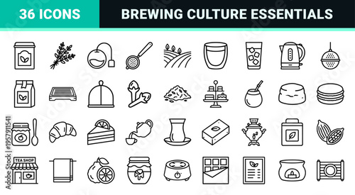 Tea Culture and Infusion Brewing Line Art Symbols Featuring Minimalist Monoline Teapots Cups and Natural Herbal Ingredients for Cafe Menus