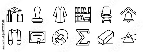 Higher Education and Academic Success Minimalist Monoline Line Art Featuring Graduation Caps Diplomas Books and University Symbols
