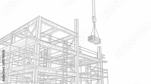 Architectural blueprint of a steel frame building under construction with a crane lifting materials, illustrating modern industrial development.