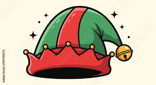 Colorful illustration of an elf hat with a bell and crown