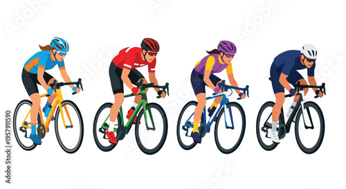 Four cyclists riding bicycles in a row viewed from the side