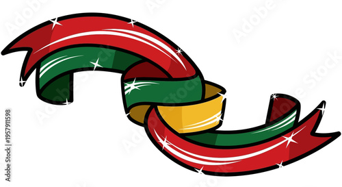 Colorful ribbon curl with red green and gold isolated on white