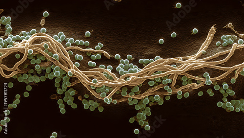 Microscopic examination of intertwined fibers and spherical particles in SEM view