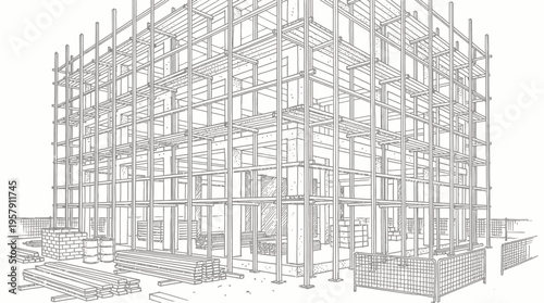 Detailed architectural line drawing of a multi-story building's structural framework under construction.