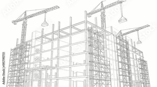 Detailed wireframe rendering of a large commercial building being built, featuring construction cranes and structural elements in an architectural blueprint style.