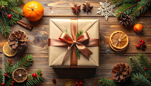 A festive Christmas still life features traditional ornaments and green fir branches arranged on an old wooden table to create a rustic holiday frame for a New Year celebration