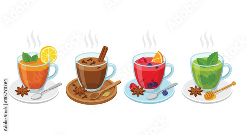 Four colorful mugs of hot beverages with fruit and spice garnishes