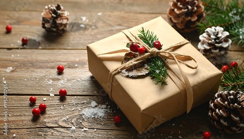A festive Christmas still life features traditional ornaments and green fir branches arranged on an old wooden table to create a rustic holiday frame for a New Year celebration