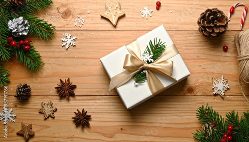 A festive Christmas still life features traditional ornaments and green fir branches arranged on an old wooden table to create a rustic holiday frame for a New Year celebration