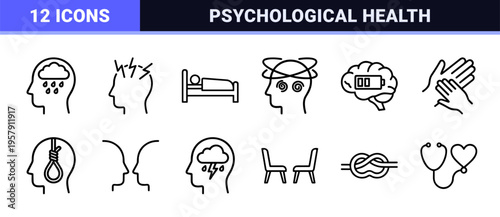 Mental Health and Psychology Monoline Icon Set featuring Wellness, Therapy, and Emotional Support Symbols in a Clean Geometric Outline Aesthetic.