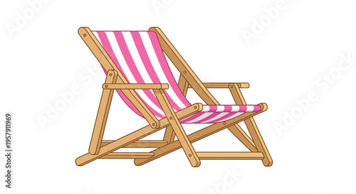 A colorful illustration of a wooden beach chair with pink and white stripes