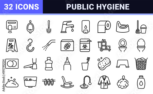 Public Restroom and Hygiene Maintenance Minimalist Monoline Outline Symbols for Wayfinding and Facility Management Digital Interfaces