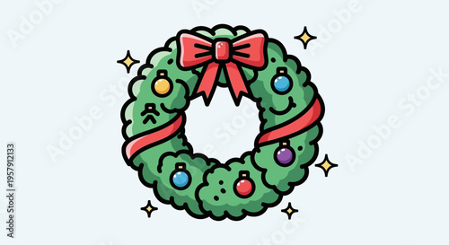 Christmas Wreath with Red Bow and Colorful Ornaments on Green Leaves