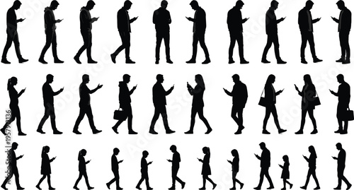 People walking and using smartphones silhouette collection, men women and children phone addiction concept isolated figures modern lifestyle communication set