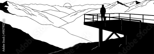 Vector silhouette of person on mountain bridge