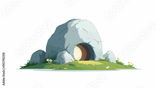 Biblical illustration of an empty tomb with a stone rolled away, symbolizing resurrection and Easter concept, on a grassy hill with small flowers against a white background.