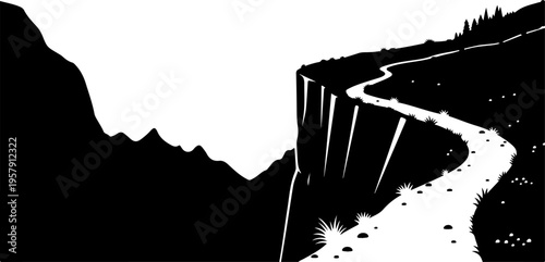 Black and white vector landscape with mountain cliff
