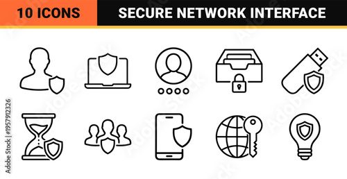 Cyber Security and Digital Privacy Protection Monoline Icons Featuring Biometric Access Data Encryption and Network Firewall Interface Symbols