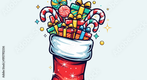 Christmas stocking filled with colorful gifts and candies