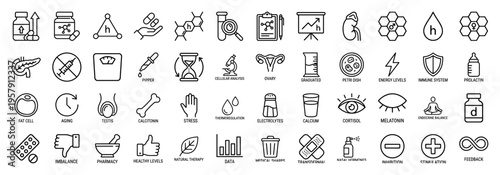 Endocrine System and Hormonal Health Minimalist Monoline Vector Outline Icons; Geometric Medical Science Line Art for Professional Healthcare Design.