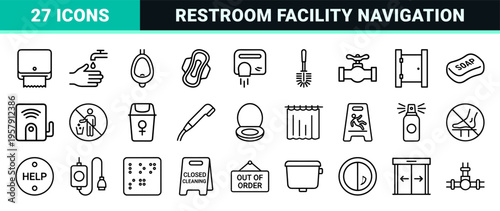 Minimalist Monoline Restroom Navigation and Hygiene Facility Outline Symbols for Commercial Wayfinding and Public Space Signage Systems
