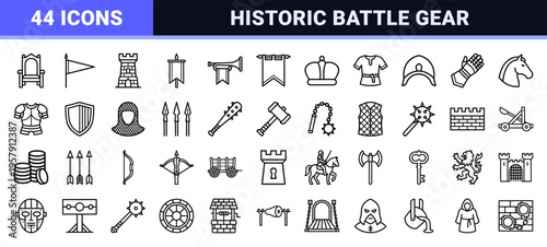 Medieval Kingdom Warfare and Royal Court Life Minimalist Monoline Outline Symbols for Historical Strategy Gaming and Editorial Design