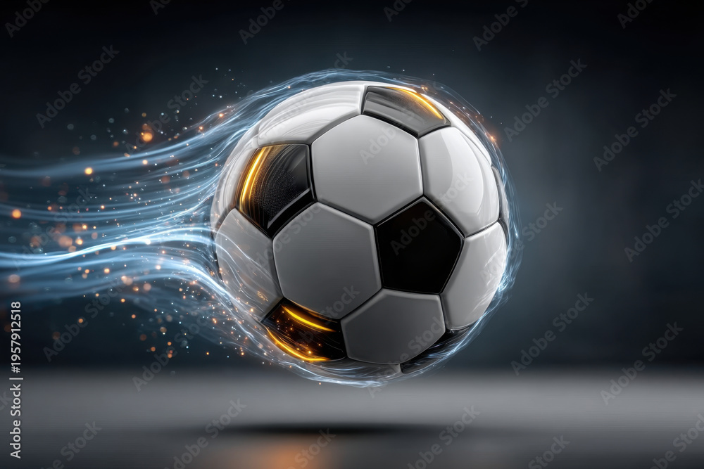 Fototapeta premium Soccer ball appears to be in rapid motion, creating an explosive effect with splashes of water and light, against a blurred stadium background, emphasizing the dynamic energy of the sport