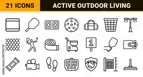Pickleball Sports Equipment and Court Facilities Minimalist Monoline Geometric Line Art for Commercial Tournament Branding and Web Apps