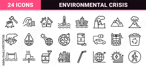 Climate Change and Global Warming Prevention Line Icons Featuring Environmental Ecology, Renewable Energy, and Natural Disaster Outline Symbols