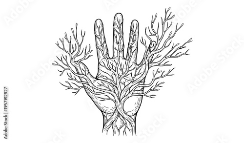 Hand Emerging from Roots Organic Black and White Vector Illustration