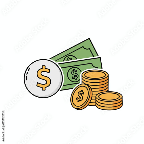 Stacked coins and bills with dollar signs, representing currency and financial assets
