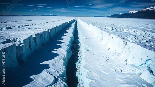 monopole. A vast glacier with a deep, dark crevasse splitting its surface, cold blue and white tones. travel magazines, destination branding, designed for outdoor magazines and nature guides.