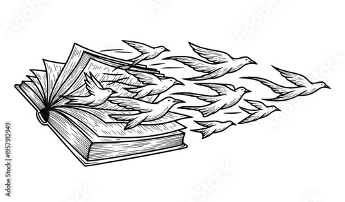 Book Transforming into Flying Pages Fantasy Black and White Vector Illustration