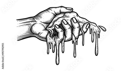Hand Holding Melting Object Surreal Black and White Vector Illustration