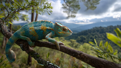 Chameleon Gazing on Branch in Tropical Forest – Serene Daytime Photos