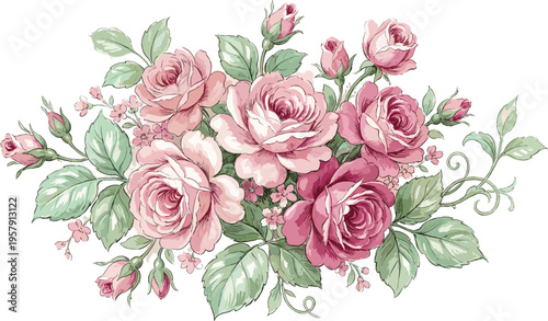 Vintage pink rose floral bouquet illustration with soft watercolor style blooming roses leaves and buds romantic botanical arrangement design
