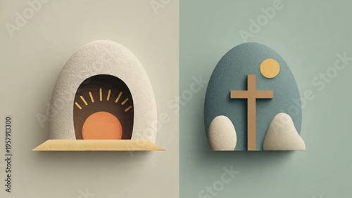 Biblical illustration of empty tomb and resurrection with stone rolled away, Easter concept in a minimalist, pastel-colored setting.