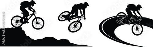 Collection of black silhouettes of mountain bikers performing jumps and riding on trails isolated on white background, extreme sport concept,