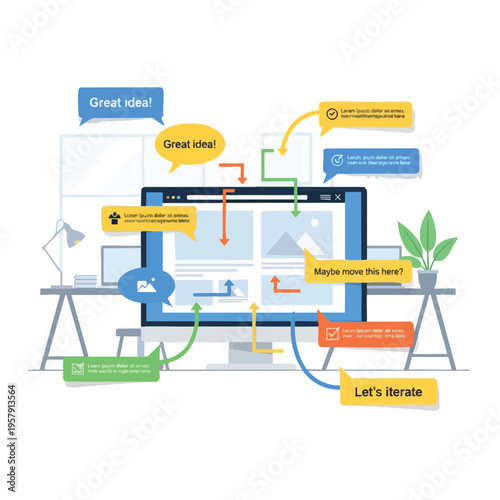 Colorful diagram showing workflow, ideas, and feedback around a computer