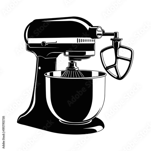 Commercial Stand Mixer Silhouette: Heavy Duty Planetary Bowl Mixer, Professional Bakery and Kitchen Preparation Equipment Icon.