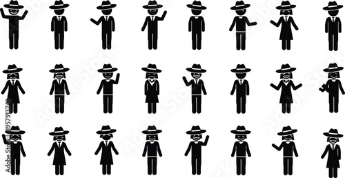 Collection of black stick figure icons showing men and women wearing suits and hats in various professional poses and gestures