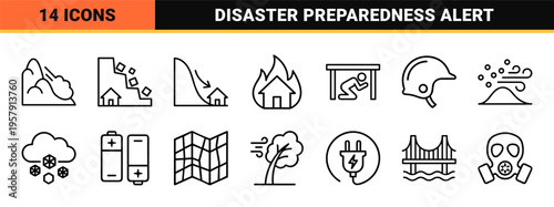 Professional Natural Disaster and Emergency Alert Outline Icons featuring Minimalist Monoline Symbols for Meteorological and Geological Hazards.